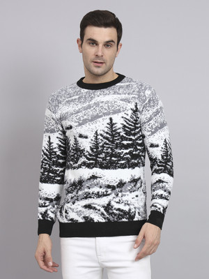 eWools Printed Round Neck Casual Men Black Sweater