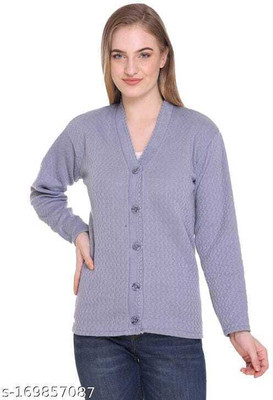 Ravi Gold Print Solid V Neck Casual Women Grey Sweater