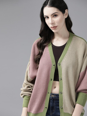 Roadster Colorblock V Neck Casual Women Beige Sweater
