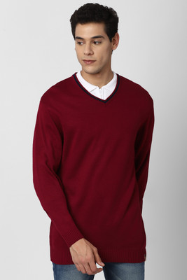 PETER ENGLAND Solid V Neck Casual Men Maroon Sweater