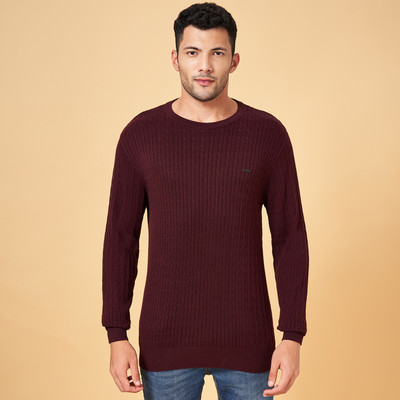 Byford by Pantaloons Self Design Round Neck Casual Men Maroon Sweater