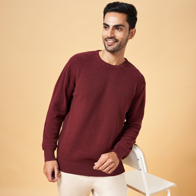 Byford by Pantaloons Self Design Round Neck Casual Men Maroon Sweater