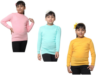 KAVYA Solid Round Neck Casual Girls Pink, Blue, Yellow Sweater