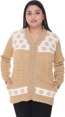 PIPASA WOMEN Woven V Neck Casual Women Beige Sweater