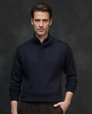 RARE RABBIT Solid High Neck Casual Men Dark Blue Sweater