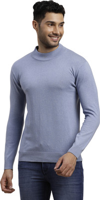 TURTLE Solid High Neck Casual Men Light Blue Sweater