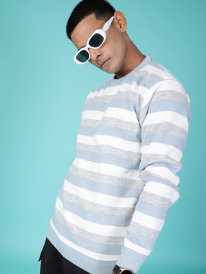 V-MART Striped Round Neck Casual Men Blue Sweater