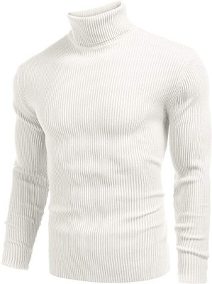clothster Solid High Neck Casual Men White Sweater