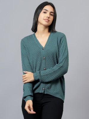 CANTABIL Self Design V Neck Casual Women Blue Sweater