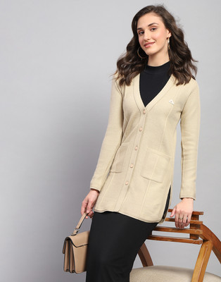 MONTE CARLO Self Design V Neck Casual Women Beige Sweater