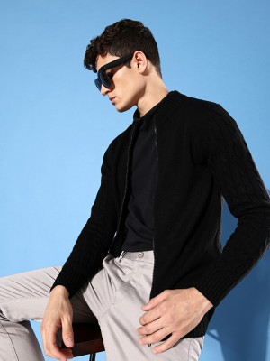 WROGN Self Design Round Neck Casual Men Black Sweater