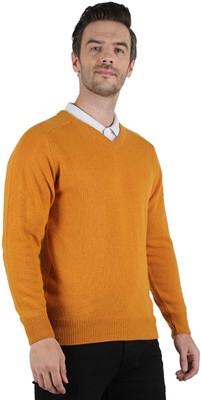 manra Solid V Neck Casual Men Yellow Sweater