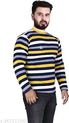 Marc Laurent Striped Round Neck Casual Men Blue Sweater