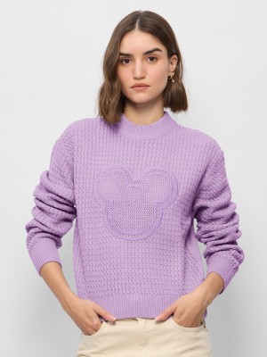 The Souled Store Self Design Round Neck Casual Women Purple Sweater