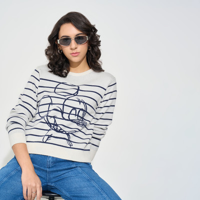 SF Jeans by Pantaloons Printed Round Neck Casual Women White Sweater