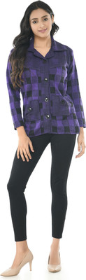 manra Checkered Collared Neck Casual Women Blue Sweater