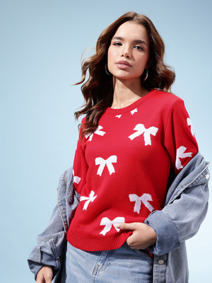 kasam Printed Round Neck Casual Women Red Sweater