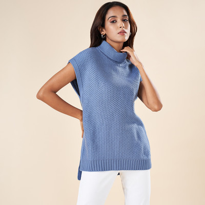 Akkriti by Pantaloons Self Design High Neck Casual Women Blue Sweater