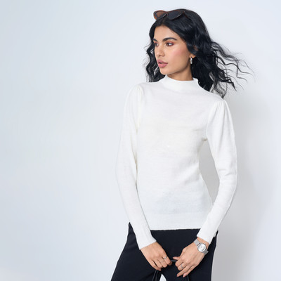 Annabelle by Pantaloons Solid Round Neck Casual Women White Sweater