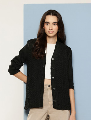 METRONAUT Self Design V Neck Casual Women Black Sweater