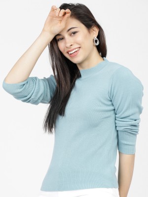 Tokyo Talkies Solid Crew Neck Casual Women Light Blue Sweater