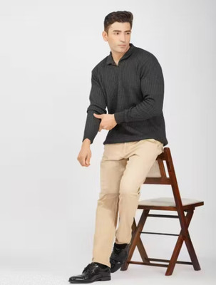 kveto Self Design Collared Neck Casual Men Grey Sweater