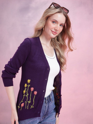 Dressberry Embroidered V Neck Casual Women Purple Sweater