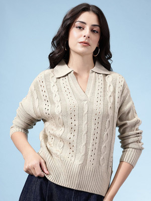 Glitchez Self Design Peter Pan Collar Casual Women Grey Sweater