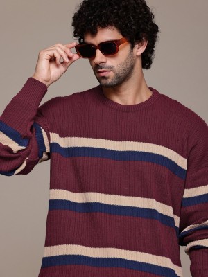 Roadster Striped Round Neck Casual Men Maroon Sweater