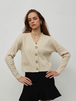 STREET9 Solid V Neck Casual Women Beige Sweater
