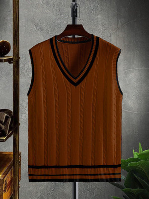 Eddicted Self Design V Neck Casual Men Brown Sweater