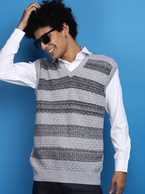 V-MART Self Design V Neck Casual Men Grey, Grey Sweater