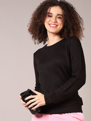 V-MART Self Design Round Neck Casual Women Black Sweater