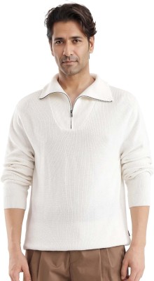 RARE RABBIT Solid Collared Neck Casual Men White Sweater