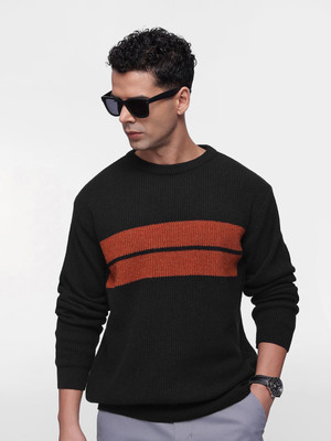 French Connection Striped Round Neck Casual Women Black Sweater