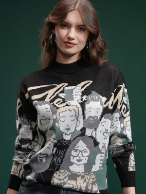 Tokyo Talkies Printed Round Neck Casual Women Multicolor Sweater