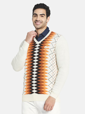 MONTE CARLO Self Design, Geometric Print V Neck Casual Men White Sweater