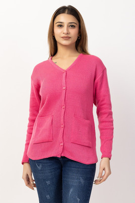 Harjot Self Design V Neck Casual Women Pink Sweater