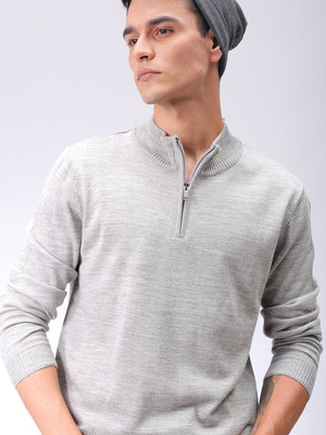 The Indian Garage Co. Solid High Neck Casual Men Grey Sweater
