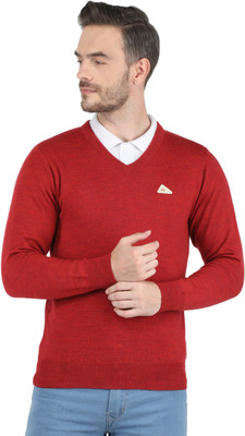 MONTE CARLO Solid V Neck Casual Men Red Sweater