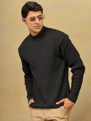 KVETOO Self Design Round Neck Casual Men Grey Sweater