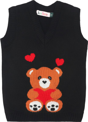 Knitco Self Design V Neck Casual Baby Boys & Baby Girls Black Sweater