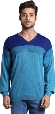 PARK AVENUE Colorblock V Neck Casual Men Blue Sweater
