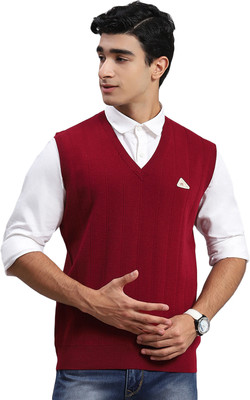 MONTE CARLO Solid V Neck Casual Men Maroon Sweater