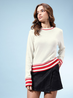 kasam Striped Round Neck Casual Women Red Sweater