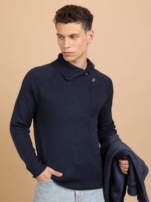 HIGHLANDER Solid High Neck Casual Men Dark Blue Sweater