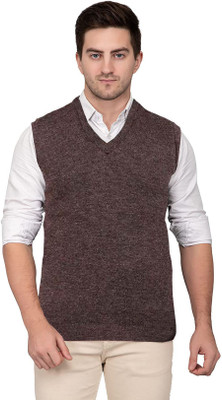 Shunit creation Solid V Neck Casual Men Brown Sweater
