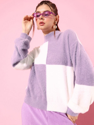 Roadster Colorblock Scoop Neck Casual Women Purple Sweater