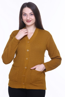 ENOV Self Design V Neck Casual Women Brown Sweater