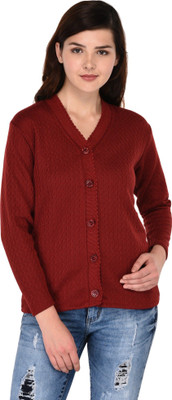 SatSun Solid V Neck Formal Women Maroon Sweater